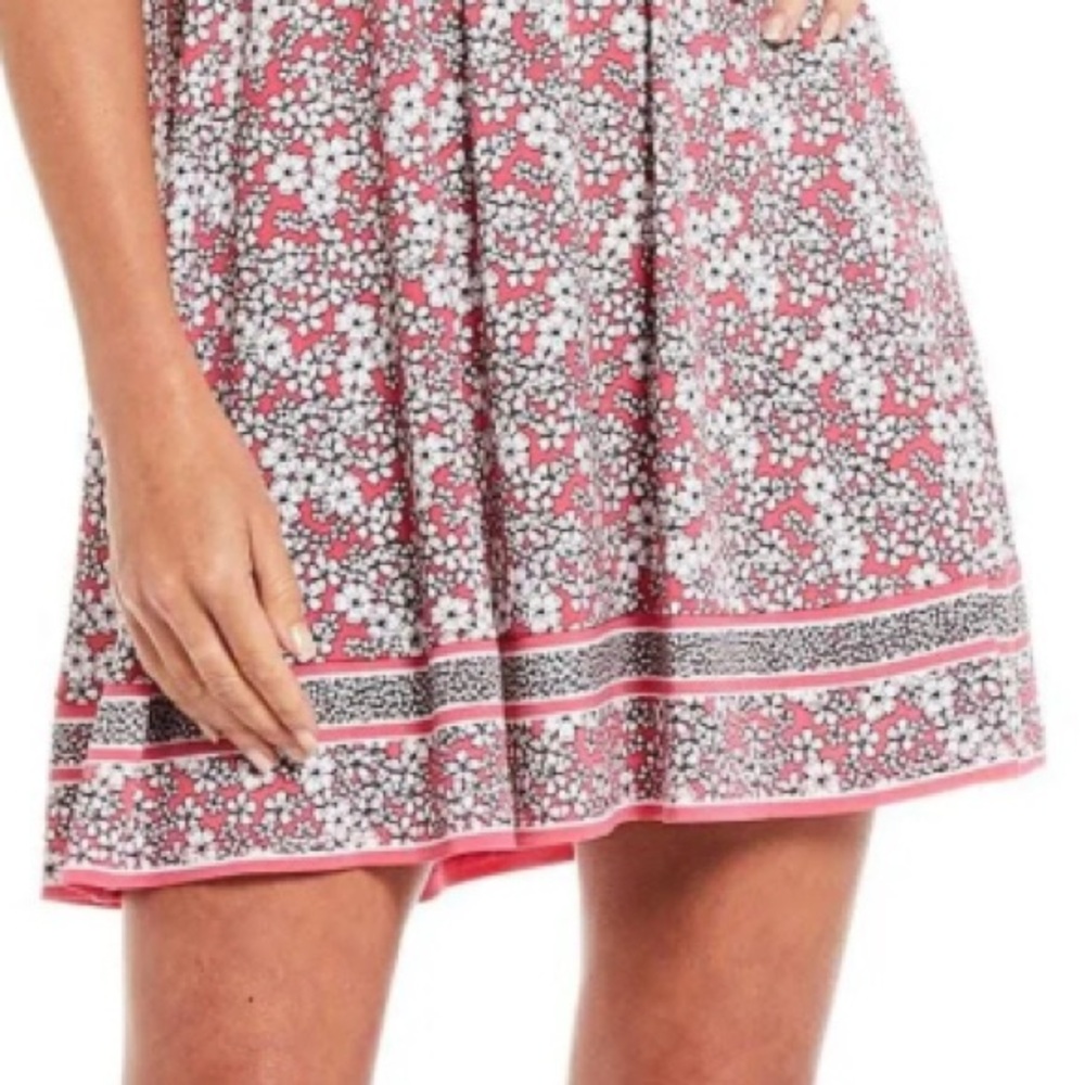 🌸 MICHAEL KORS Rose Pink Floral Mini Dress | Puff Sleeve V-Neck | Size M - Picture 3 of 13